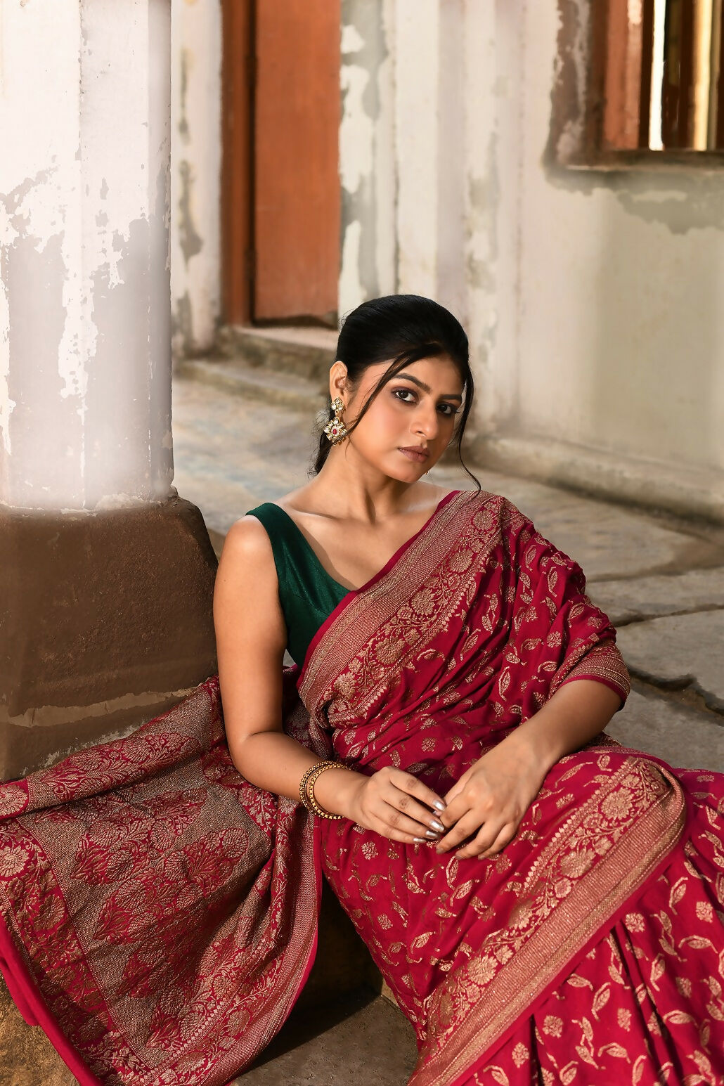 Hot Pink Crepe Chiffon Banarasi Handloom Silk Saree