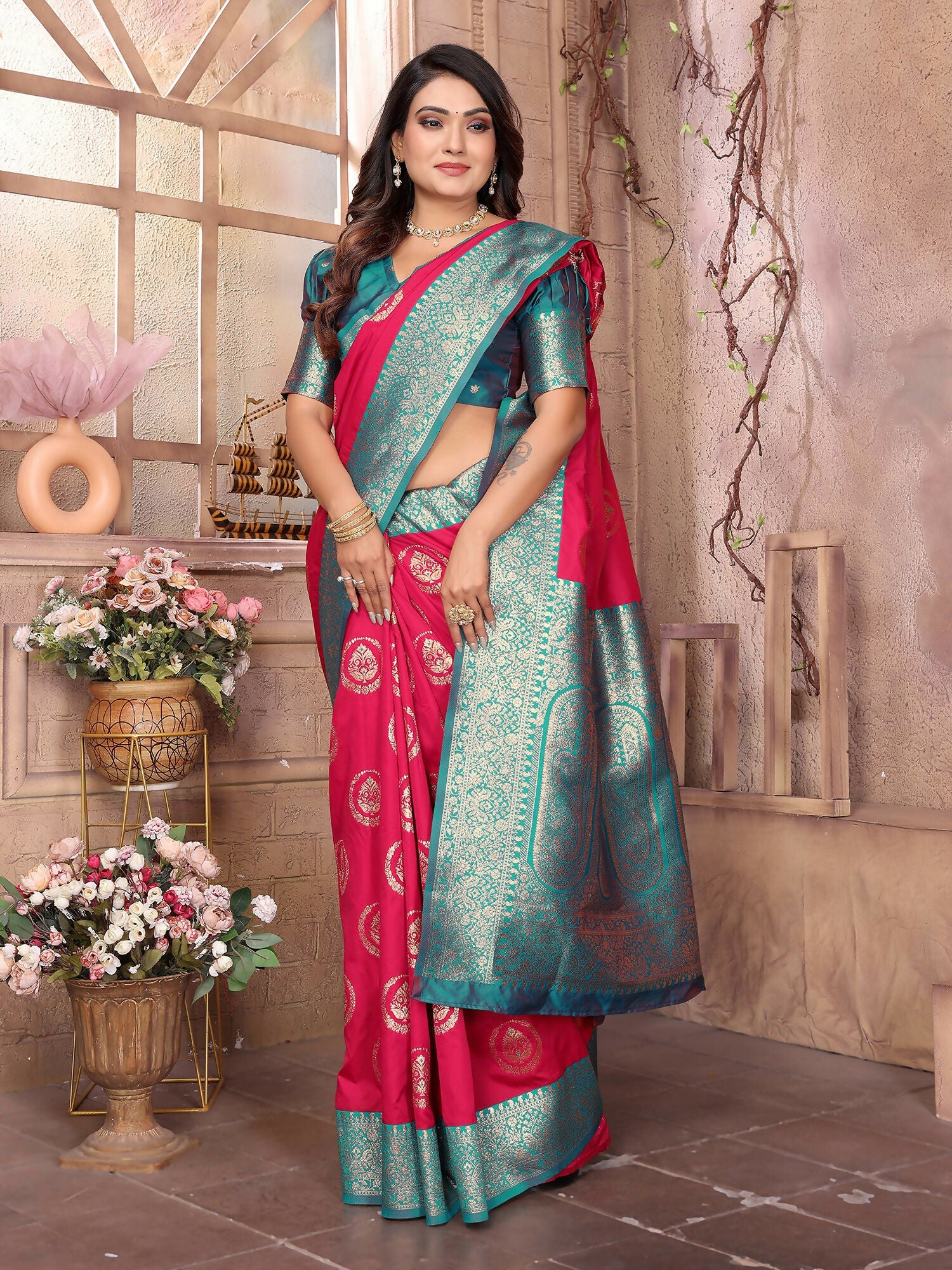 Joban Fashion Hot Pink Banarasi Soft Silk Woven Saree