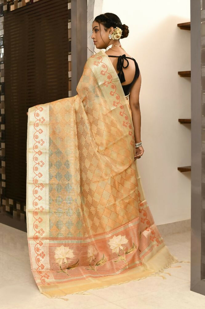 Light Orange Kota Tissue Saree with Embroidery & Appliqué Anchal