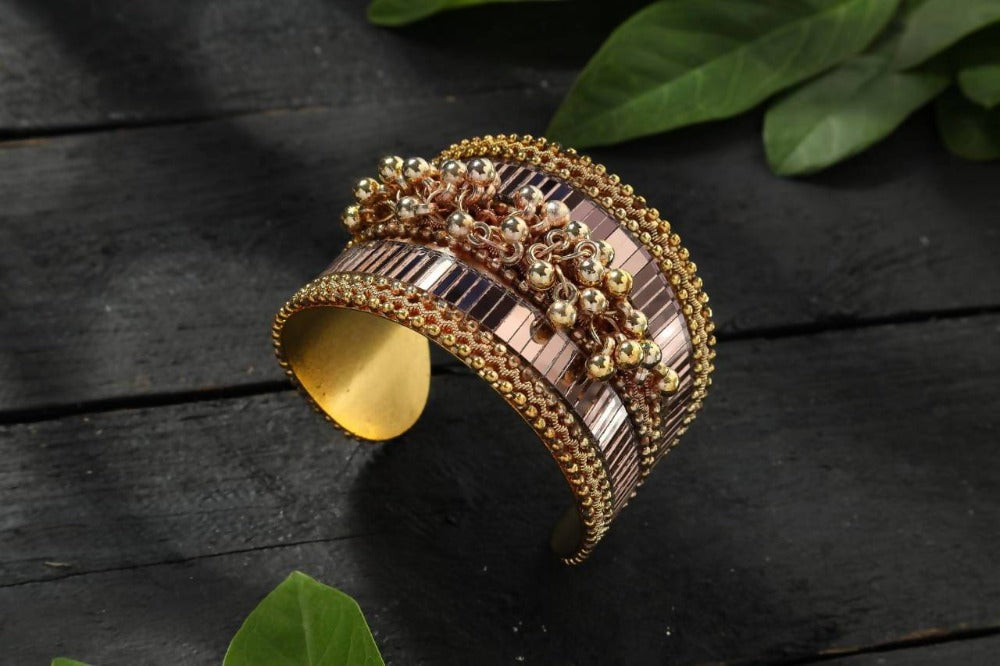 Gold-Polished Oxidised Mirror and Ghungroo Openable Cuff Bracelet