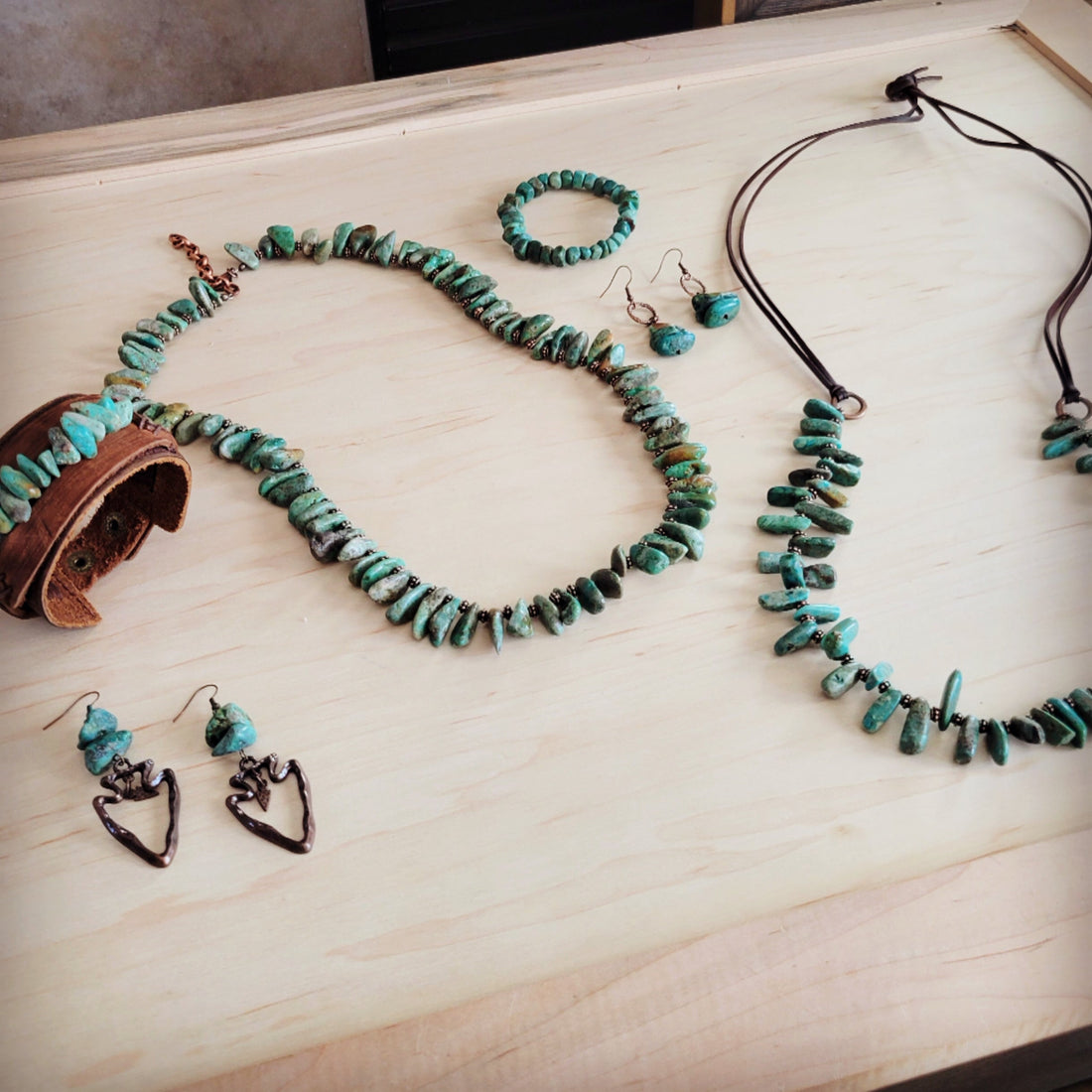 Natural Turquoise Stacked Stone Necklace with Brown Leather Tie - Image 5