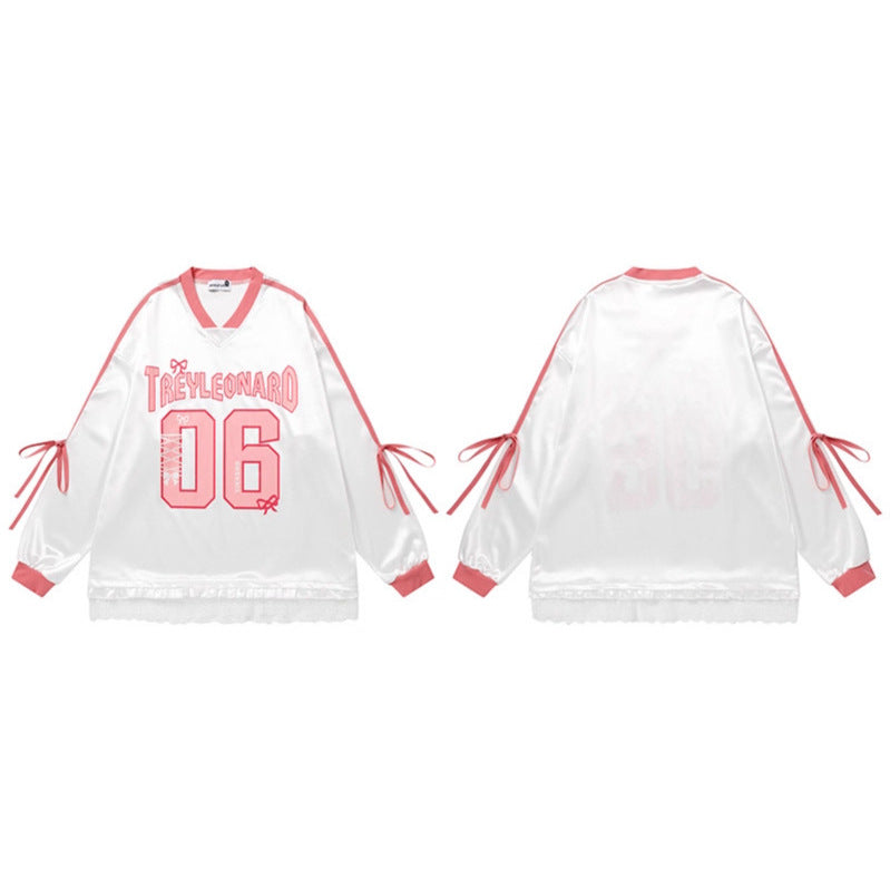 White Pink V-Neck Long Sleeve Sporty T-Shirt with Bow Tie Sleeves - Image 3