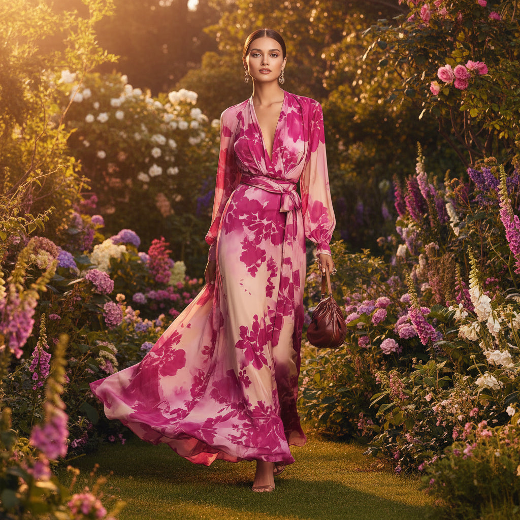 A romantic floral printed chiffon maxi dress with lantern sleeves and a V-neckline.