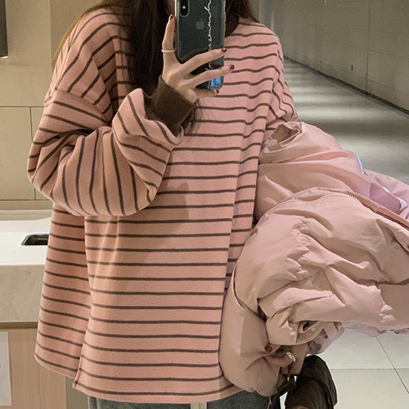 Women's Oversized Pink Striped Knit Crewneck Sweatshirt - Image 6