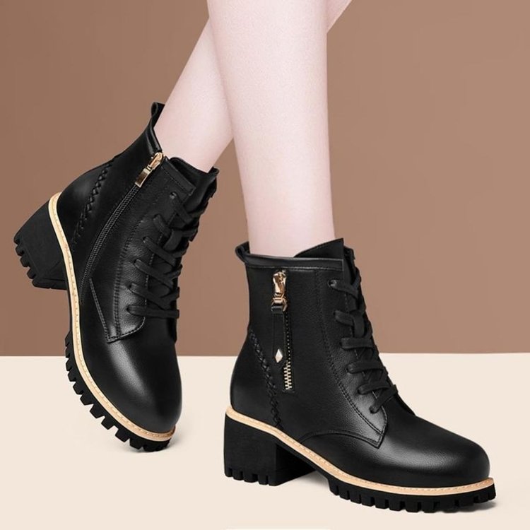 Women's Black Leather Lace-Up Ankle Boots with Zipper - Image 2