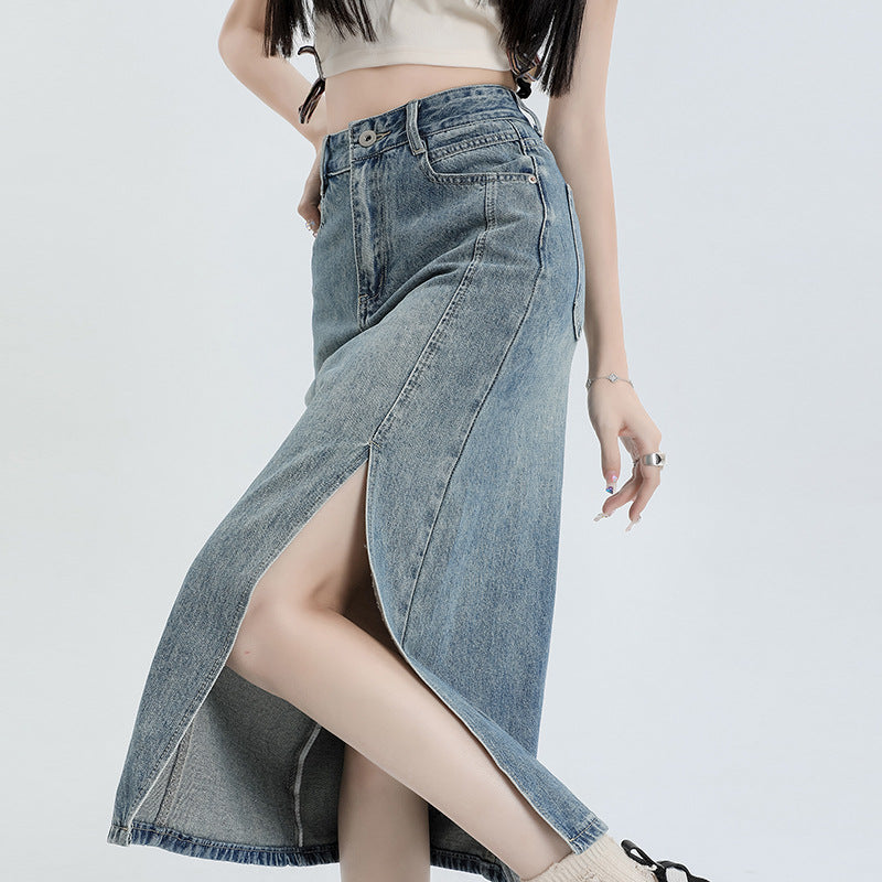 Women's High Waist A-Line Denim Midi Skirt with Side Slit - Image 5