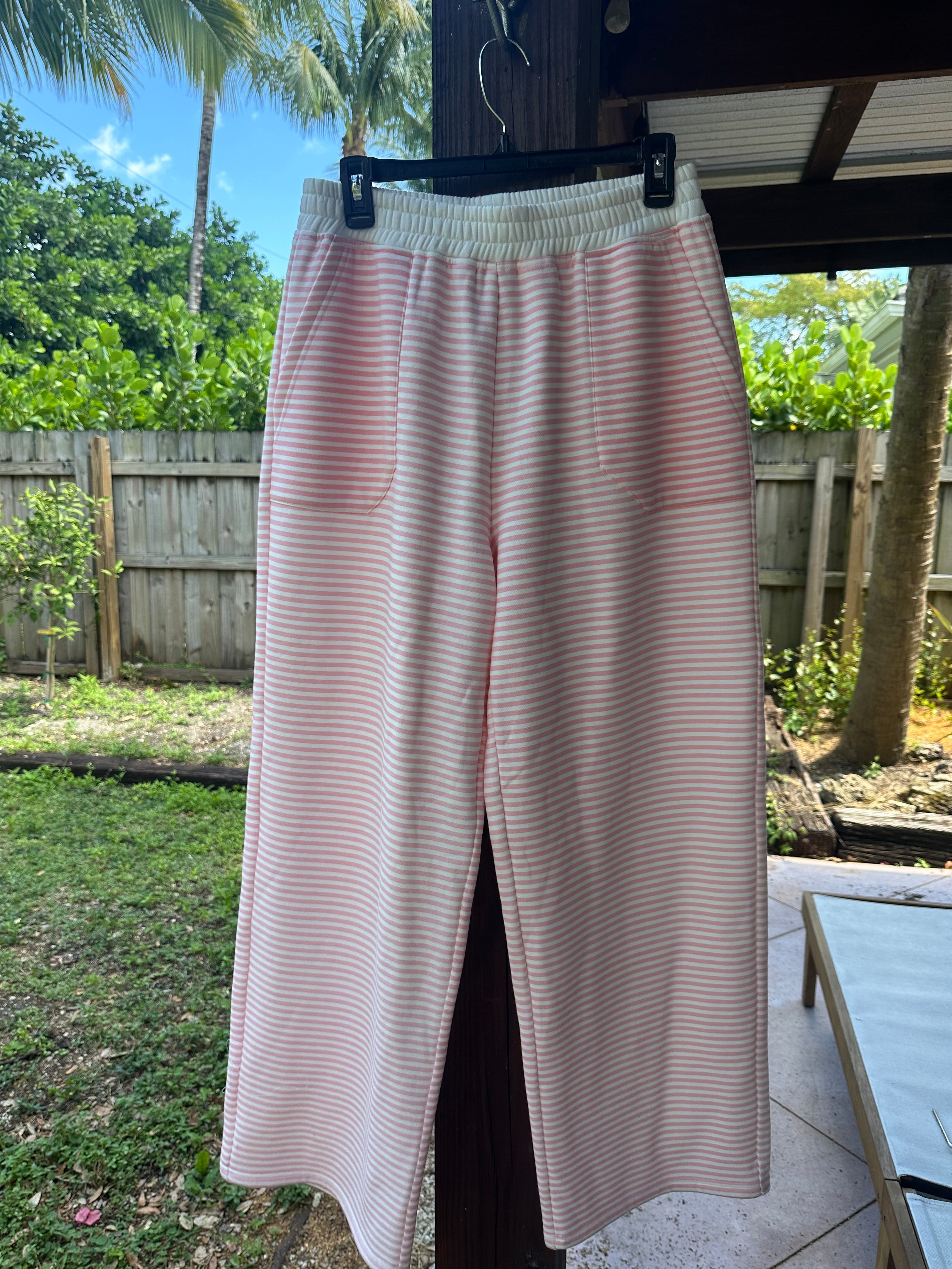 Light Pink and White Striped Unisex Sweatpants Lounge Bottoms