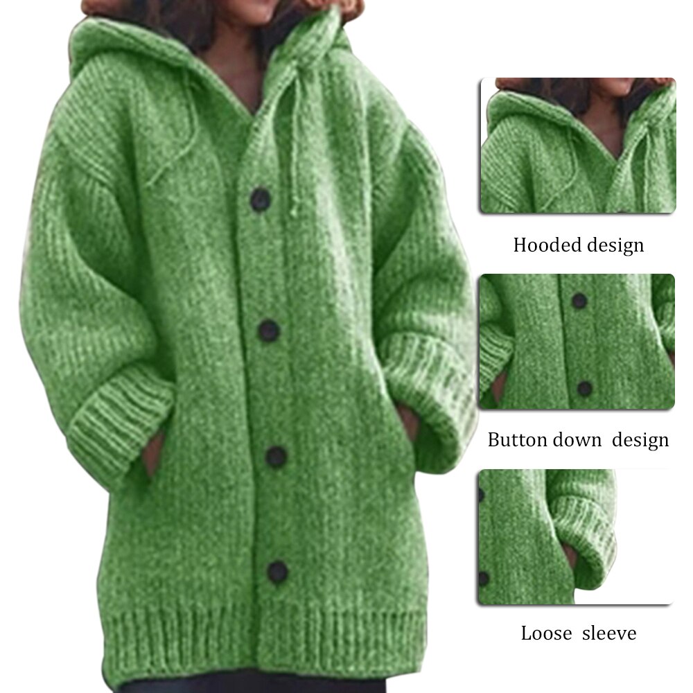 Women's Hooded Knitted Cardigan Cozy Button Up Long Sleeve Sweater - Image 6