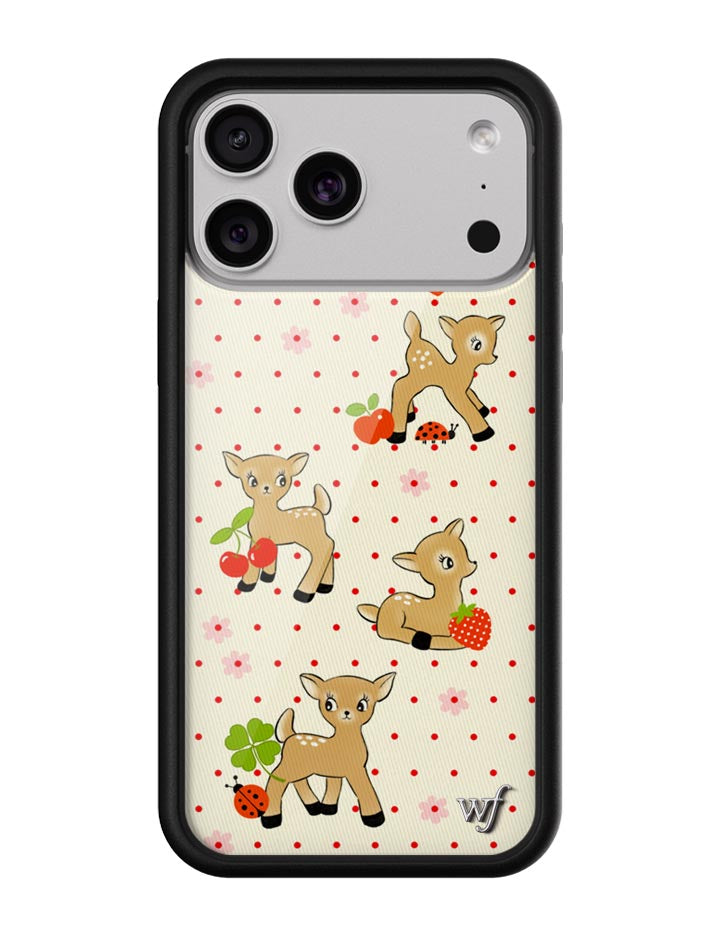 Oh Deer iPhone case with cream background, deer, red polka dots, and a black protective bumper.
