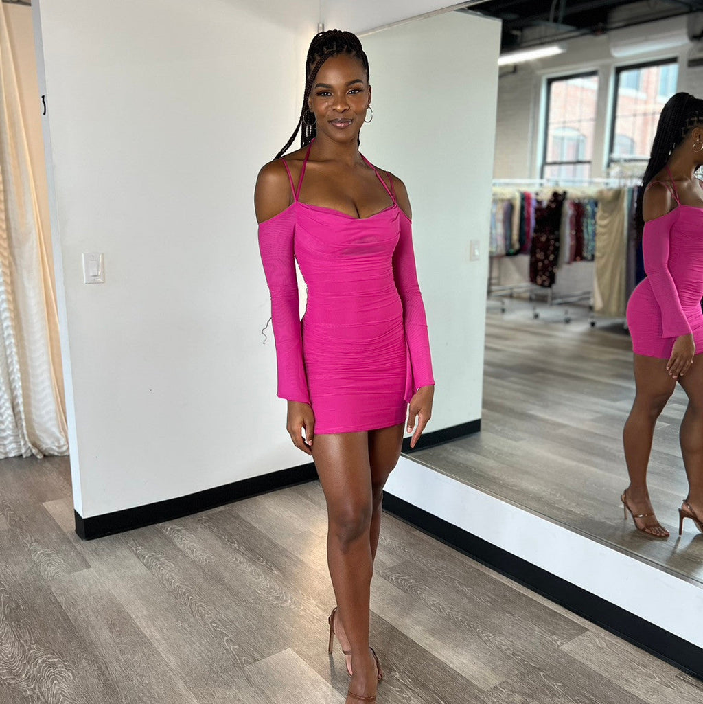 Zoe Ruched Hot Pink Mini Dress with Bell Sleeves and Halter - Image 6