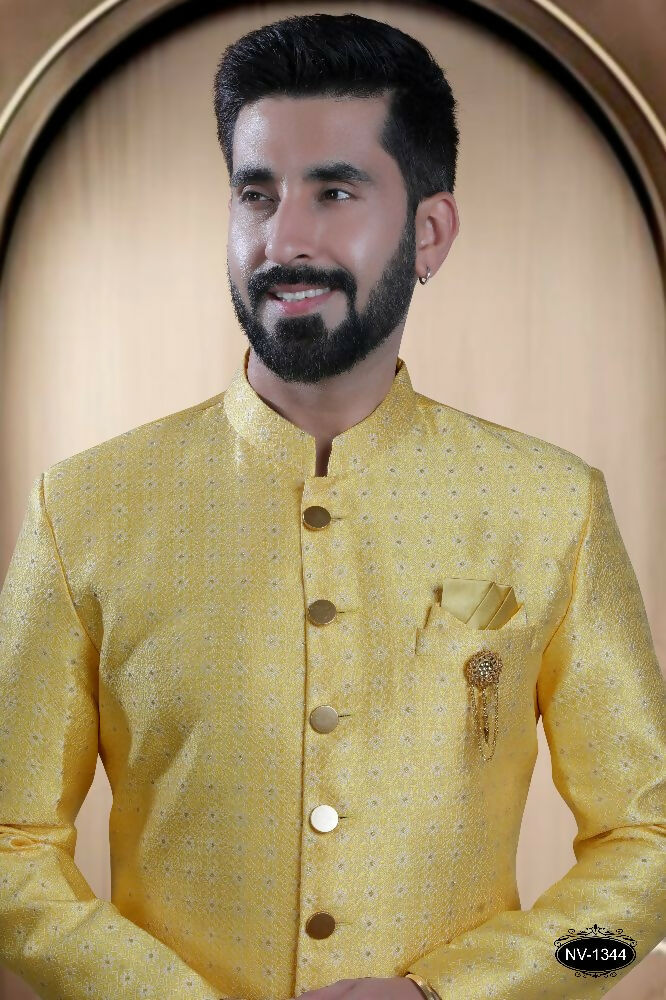 Boys Yellow Brocade Indo-Western Kurta with White Pyjama Set