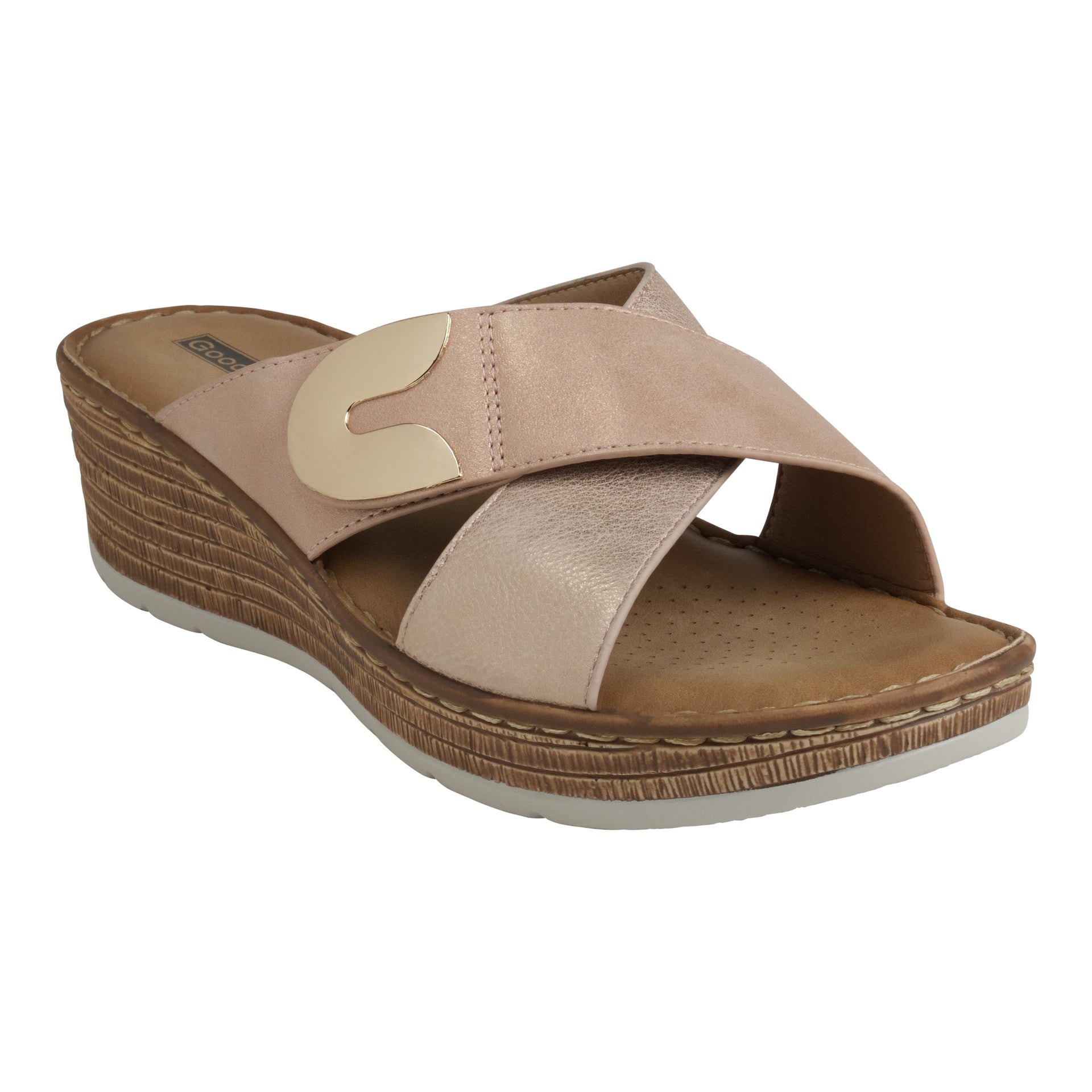 Good Choice Shoes Demi blush cross strap wedge sandals with hardware