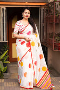 White Kota silk saree featuring hand block printed polka dots with unstitched blouse