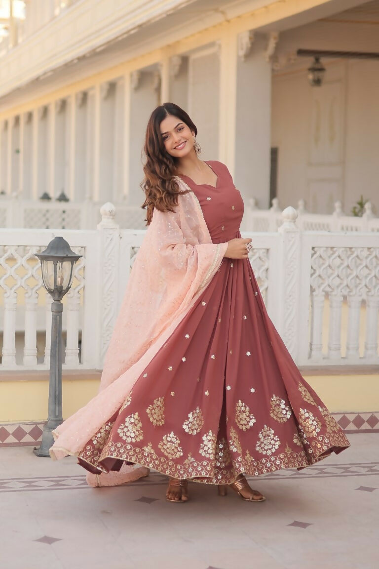 Brown Faux Georgette Sequins Thread Embroidery Anarkali Dress