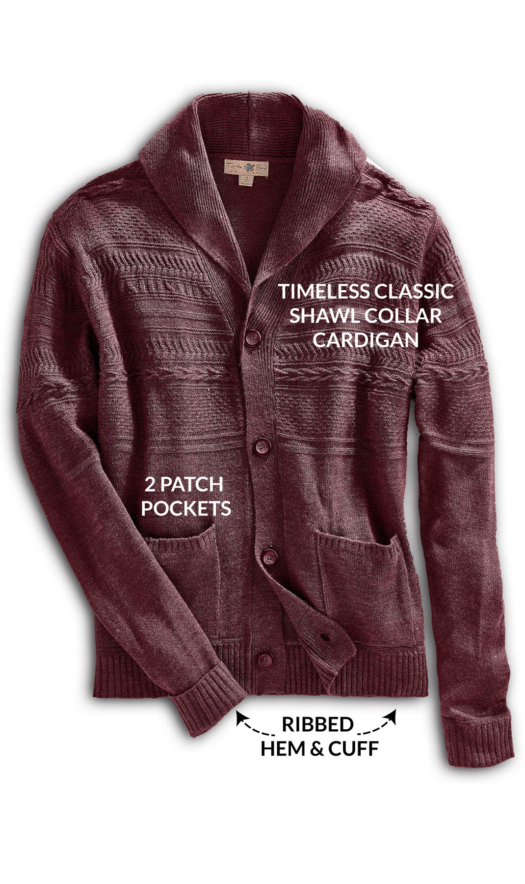 Men's Jacquard Knit Shawl Collar Cardigan in Burgundy or Charcoal
