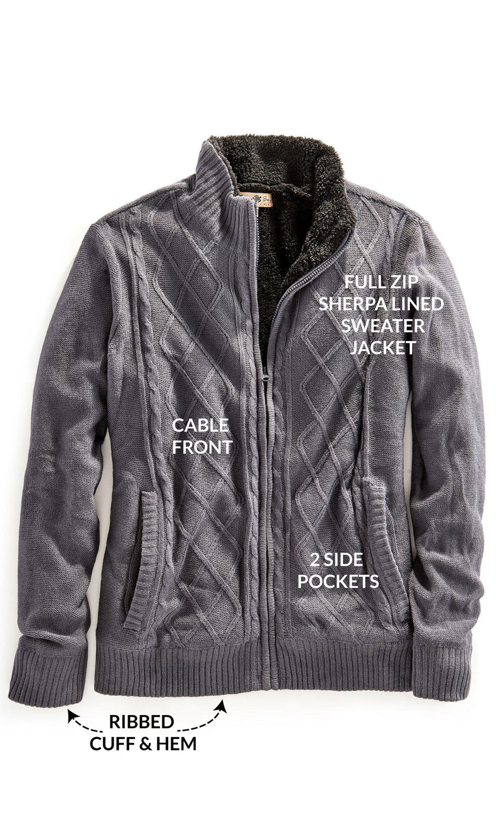 Men's Charcoal Grey Sherpa Fleece Lined Zip Front Sweater Jacket