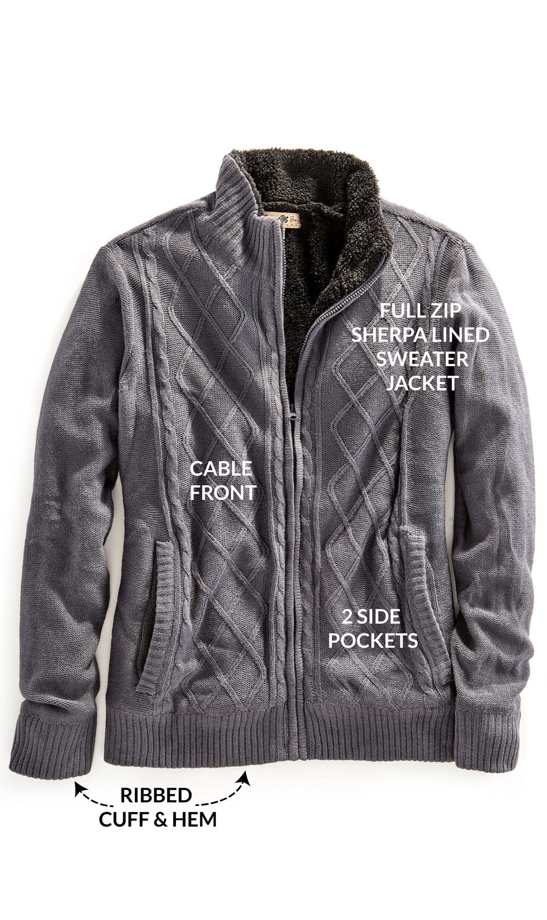 Men's Charcoal Grey Sherpa Fleece Lined Zip Front Sweater Jacket