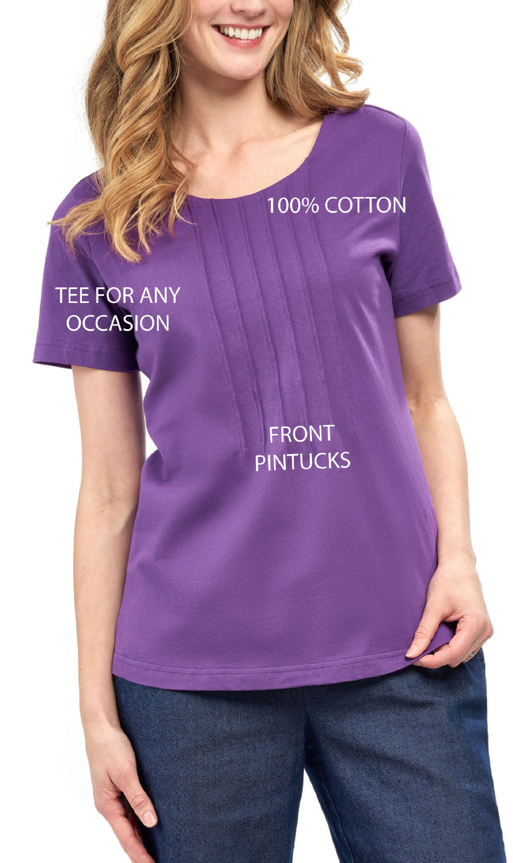Women's Short Sleeve Pintuck Scoop Neck 100% Cotton Knit T-Shirt