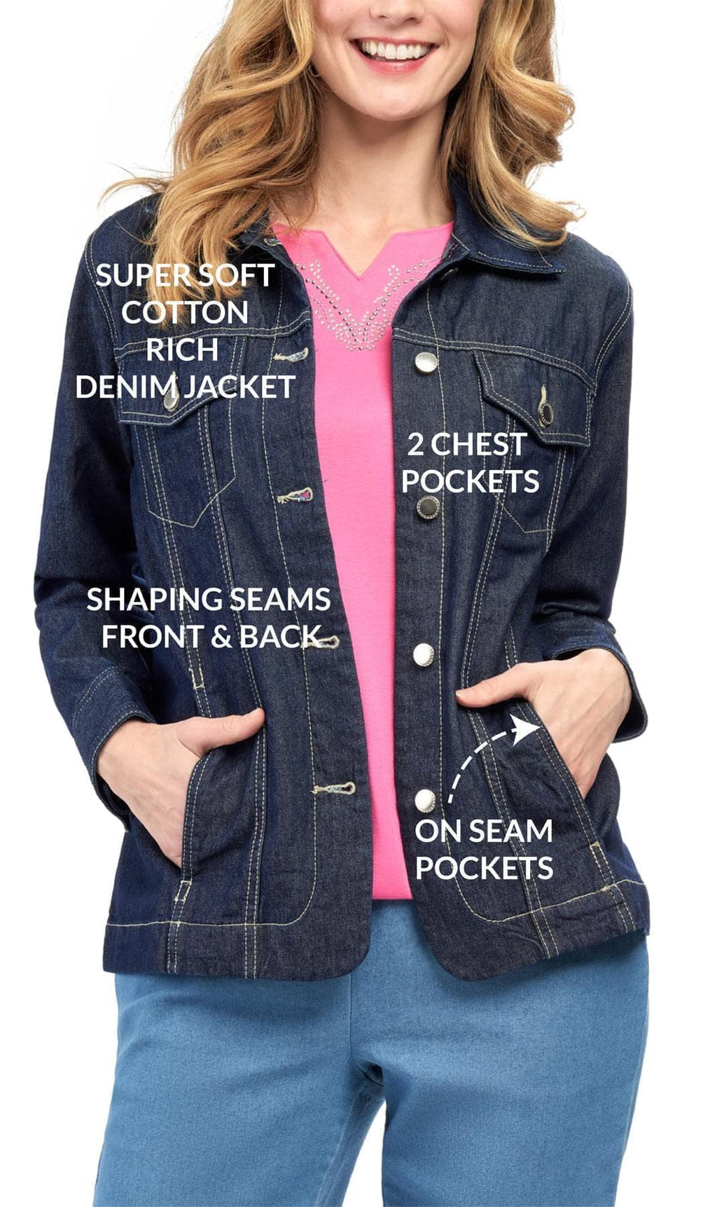 Women's Classic Dark Blue Denim Jacket Button Front Outerwear