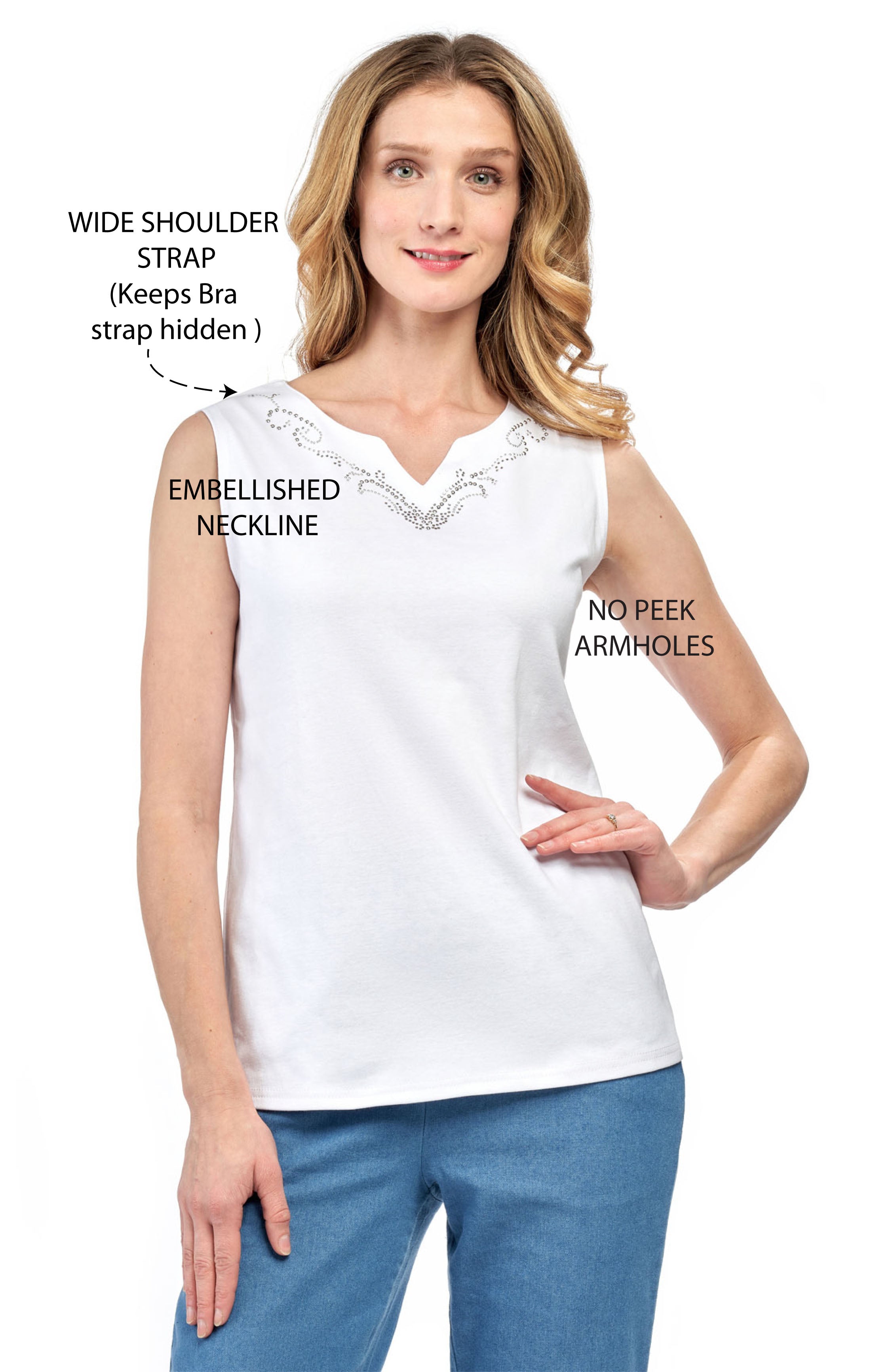 Women's Rhinestone Notch V-Neck Sleeveless Knit Tank Top