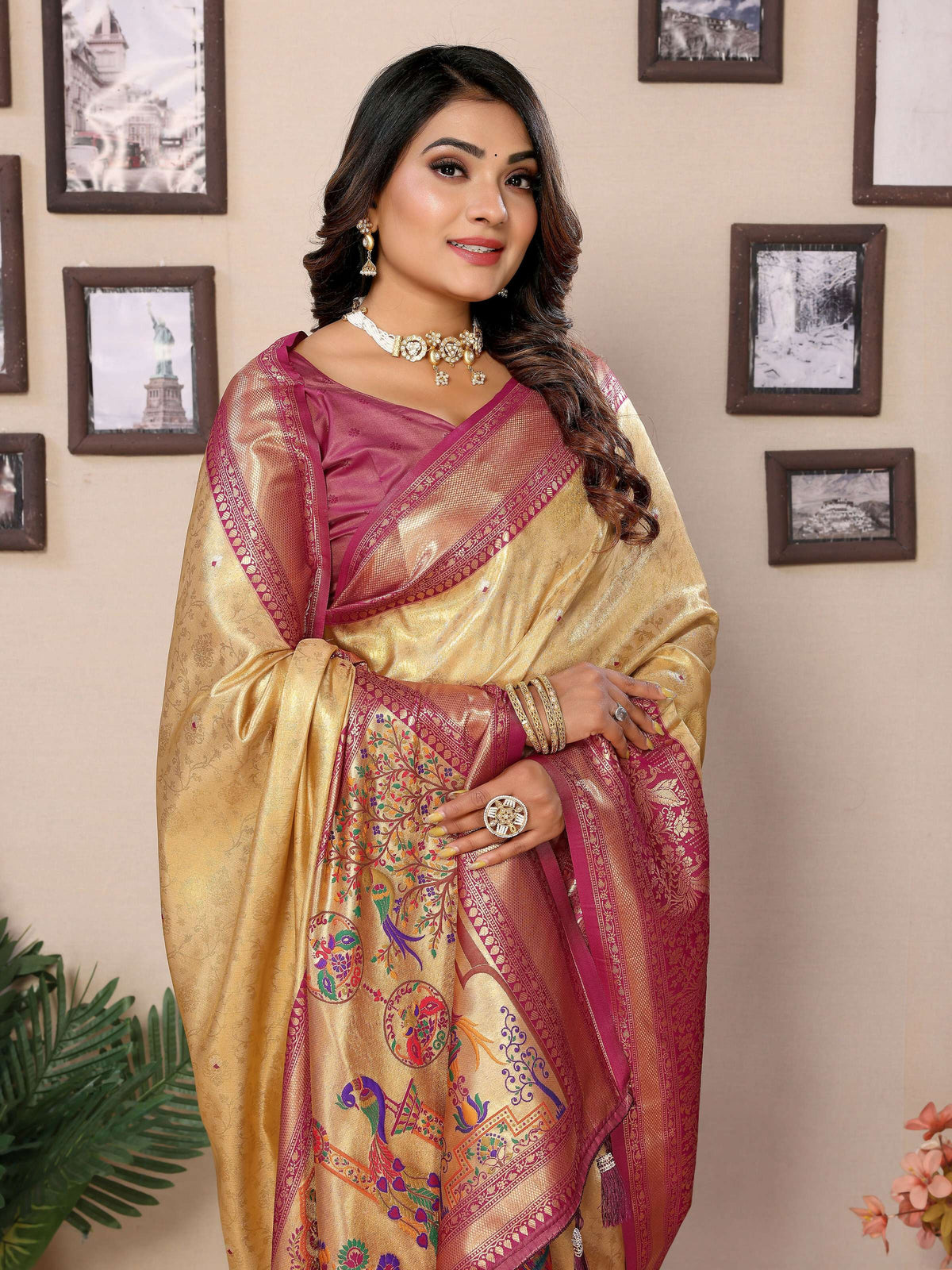 Cream Tissue Silk Saree with Traditional Weaving Details