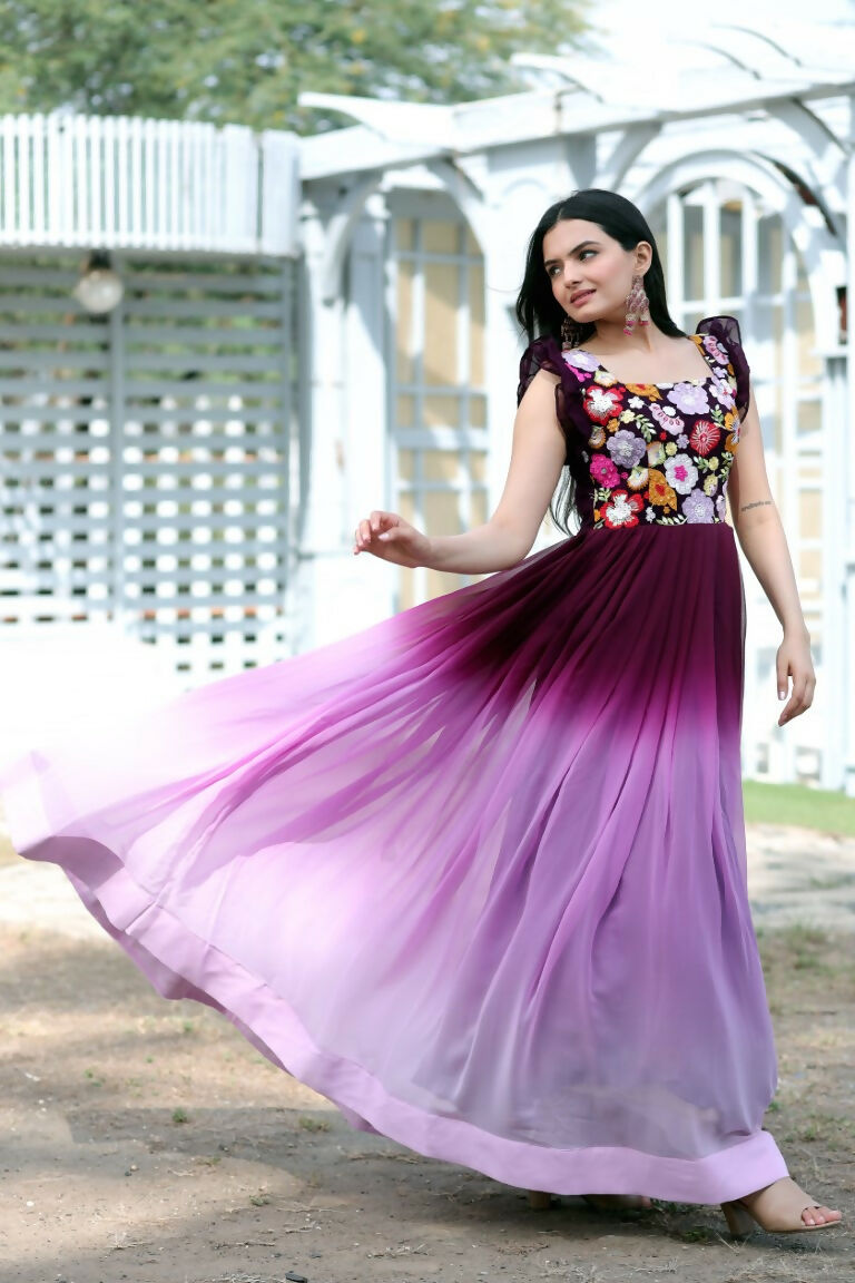 Wine Sequins Embroidery Faux Blooming Floor Length Anarkali Dress