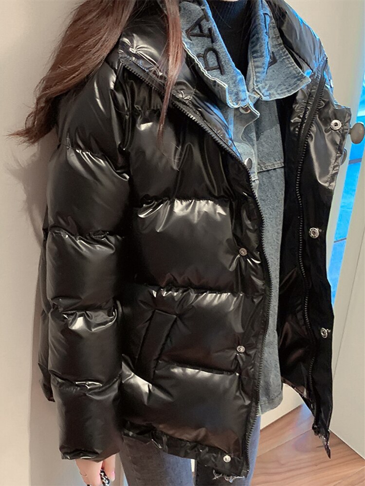 Women's Harajuku Style Denim Stitching Loose Fit Down Jacket - Image 3