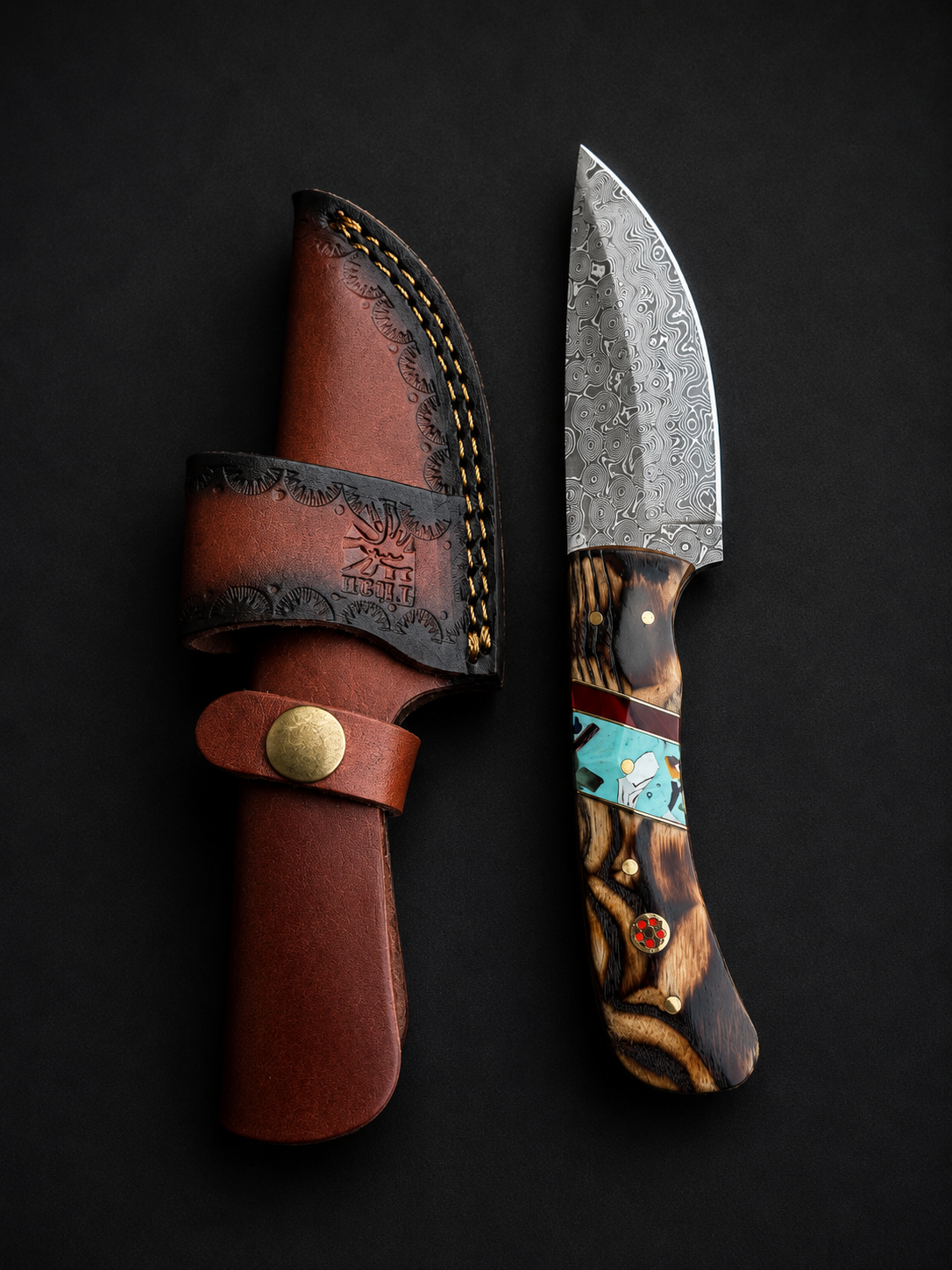 Titan Copper Canyon Damascus Hunter knife with turquoise inlay and wood handle