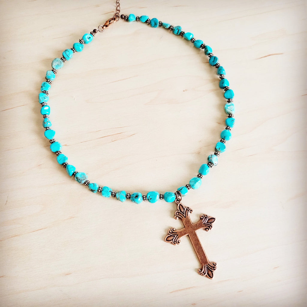 Turquoise and Copper Collar Necklace w/ Copper Cross Pendant 263z