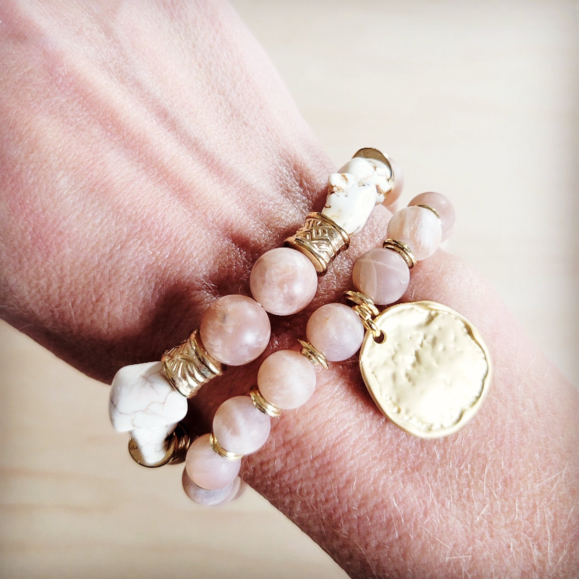 Frosted Sunstone and White Turquoise Beaded Stretch Bracelet - Image 3