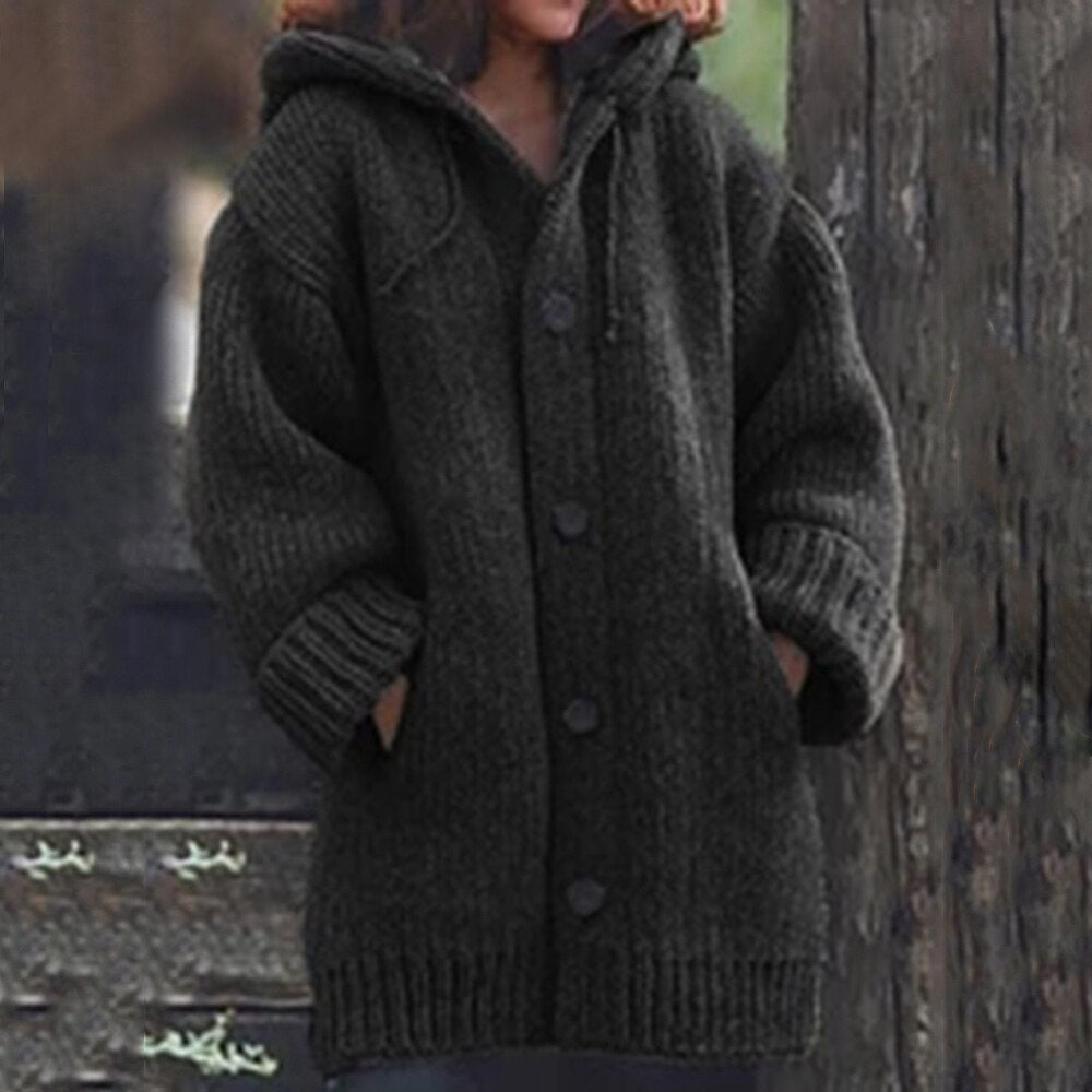 Women's Hooded Knitted Cardigan Cozy Button Up Long Sleeve Sweater - Image 3