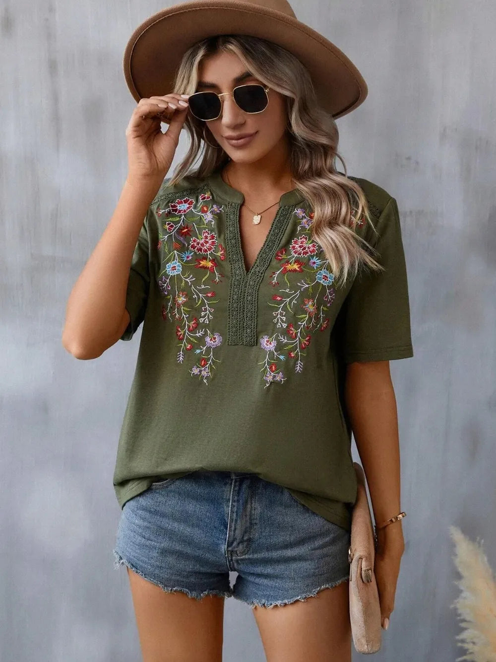 Boho Floral Embroidered Notched V-Neck Lace Trim Top