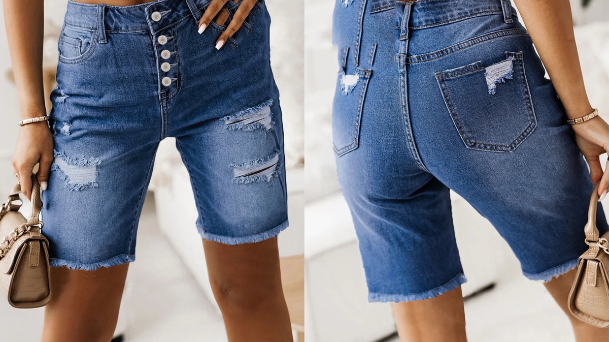 Women’s Cotton Denim Shorts Mid-Length Frayed Hem Distressed