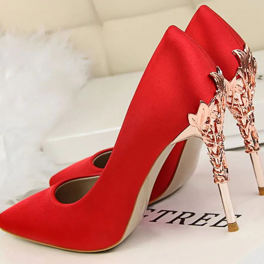 Women's White Satin Pointed High Heels - Elegant