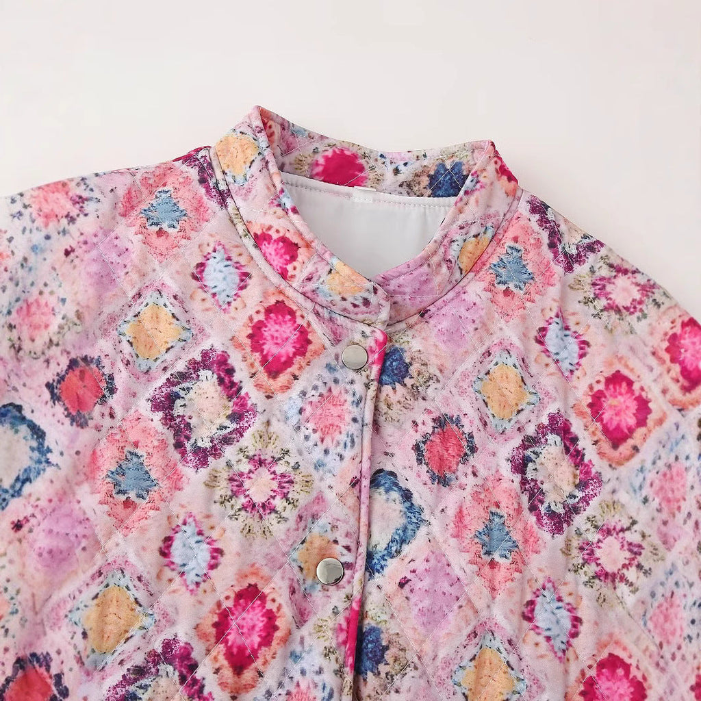 Women's Harajuku Pink Quilted Floral Print Cotton Jacket - Image 2
