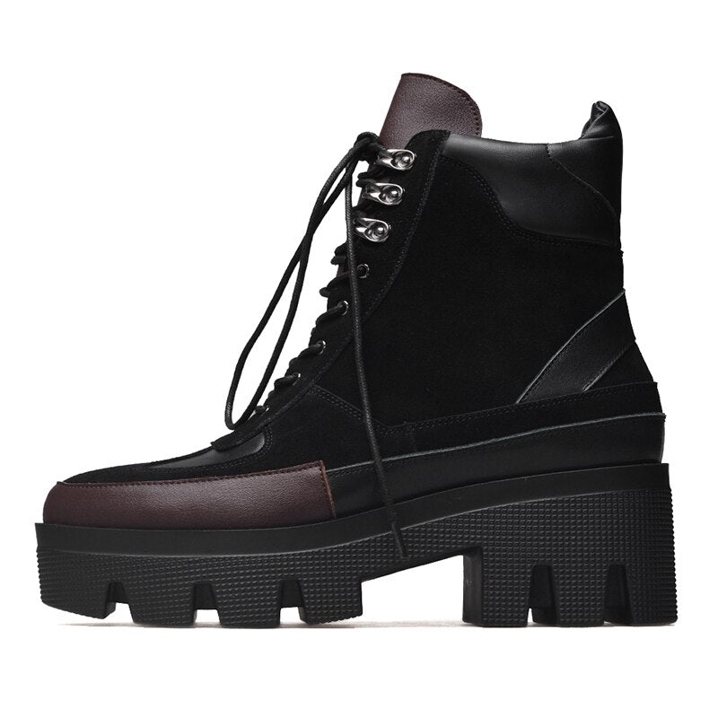 Women's Black Cow Leather Chunky Platform Lace-Up Ankle Boots - Image 4