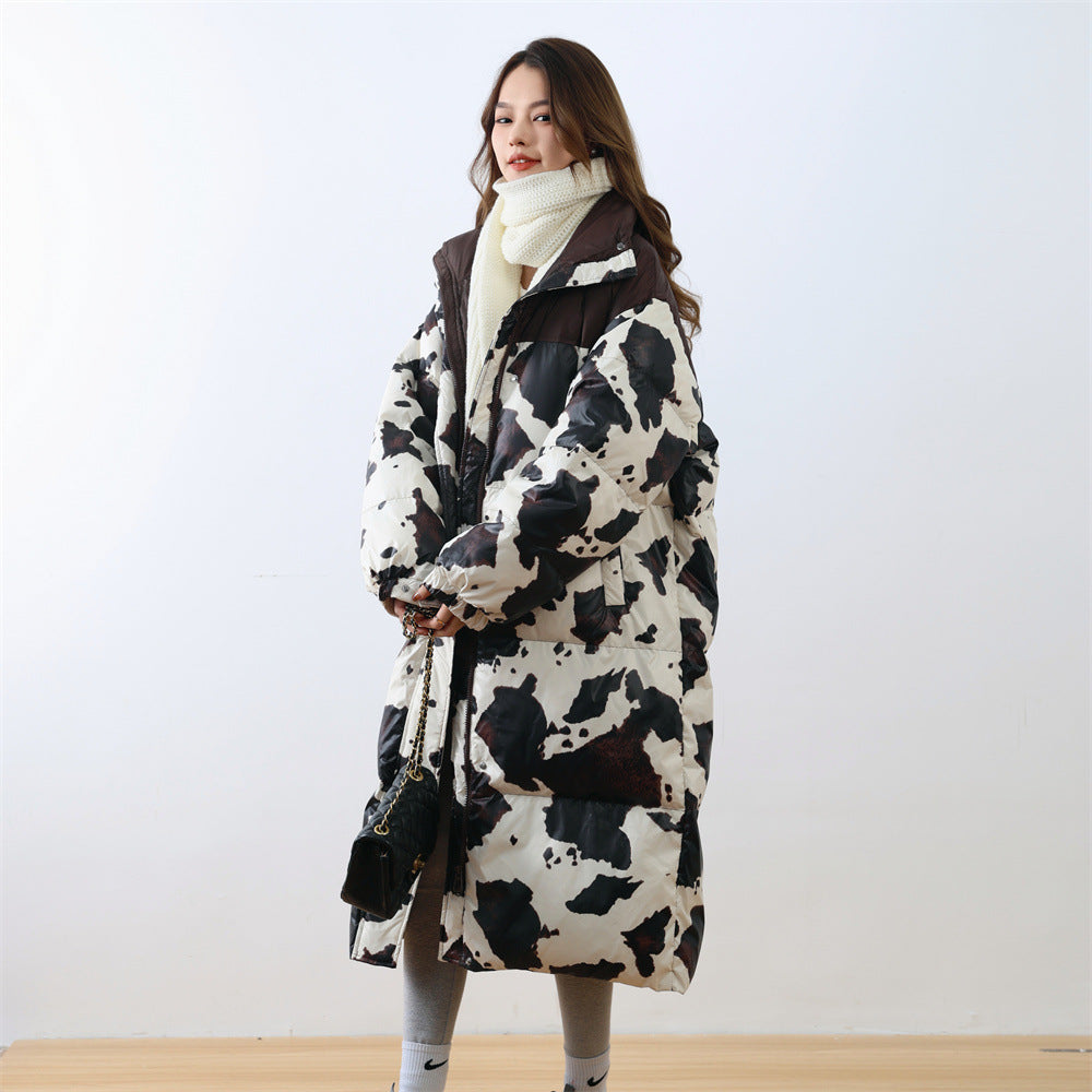 Harajuku Cow Print Long White Duck Down Puffer Coat for Women - Image 2