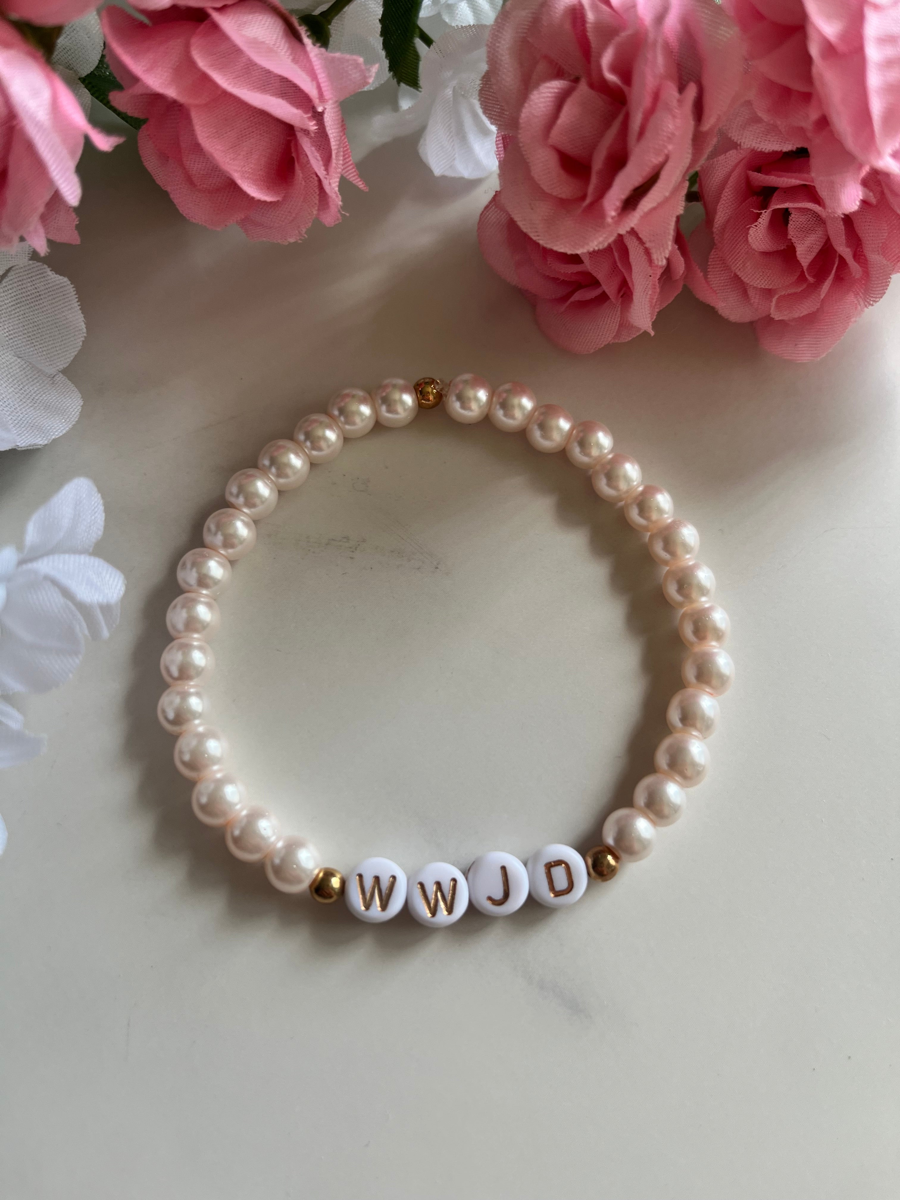 WWJD Faith Bead Bracelet Glass Pearl and Natural Stone