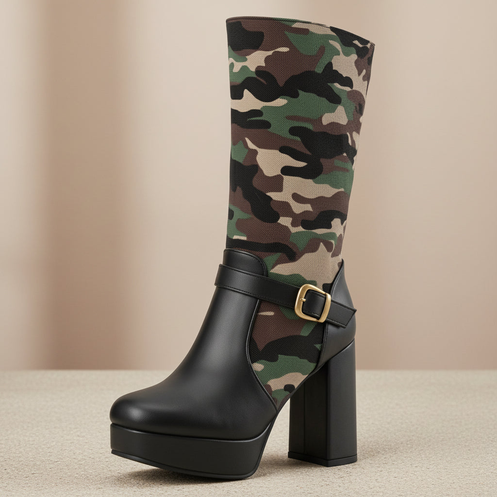 Women's Camouflage High-Cut Platform Boots | Chunky Heel & Buckle