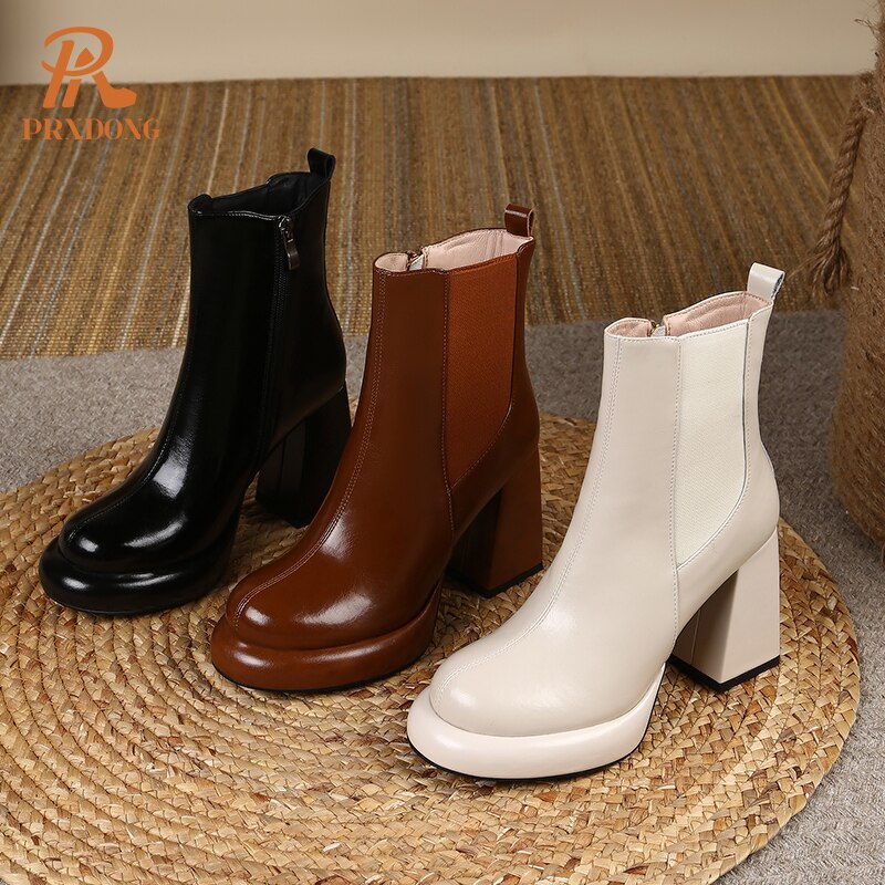 Women's Genuine Leather Black Beige Chunky Platform Ankle Boots