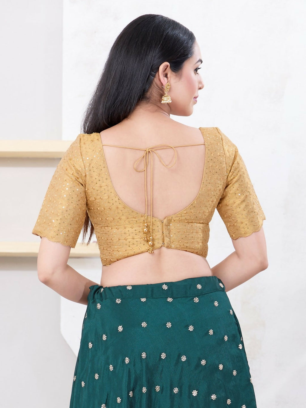 Gold Tissue Sleeveless Back Open Sweetheart Neck Blouse