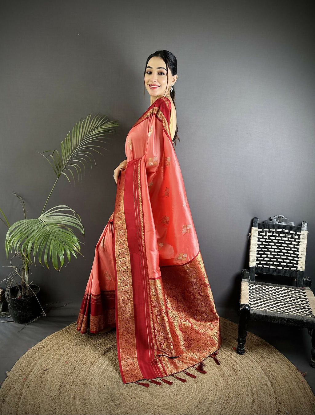 Salmon Pink Banarasi Soft Silk Woven Saree