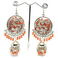 Orange enamel Chandbali Jhumka earrings decorated with glass pearls