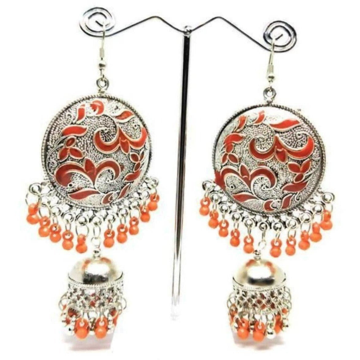 Orange enamel Chandbali Jhumka earrings decorated with glass pearls