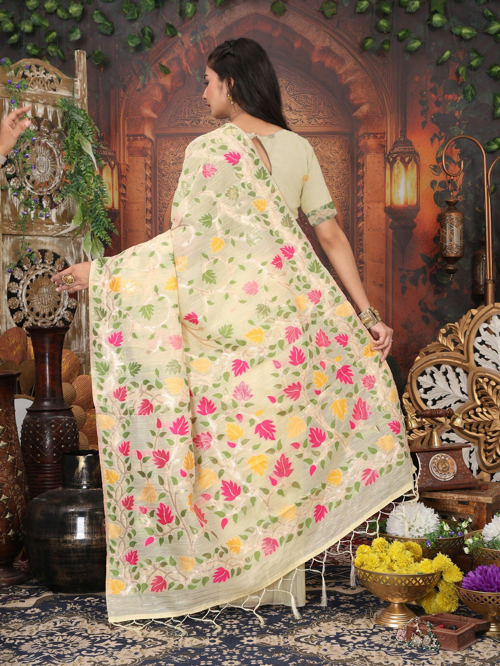 Shree Shyam Fashion Linen Cotton Cream Saree