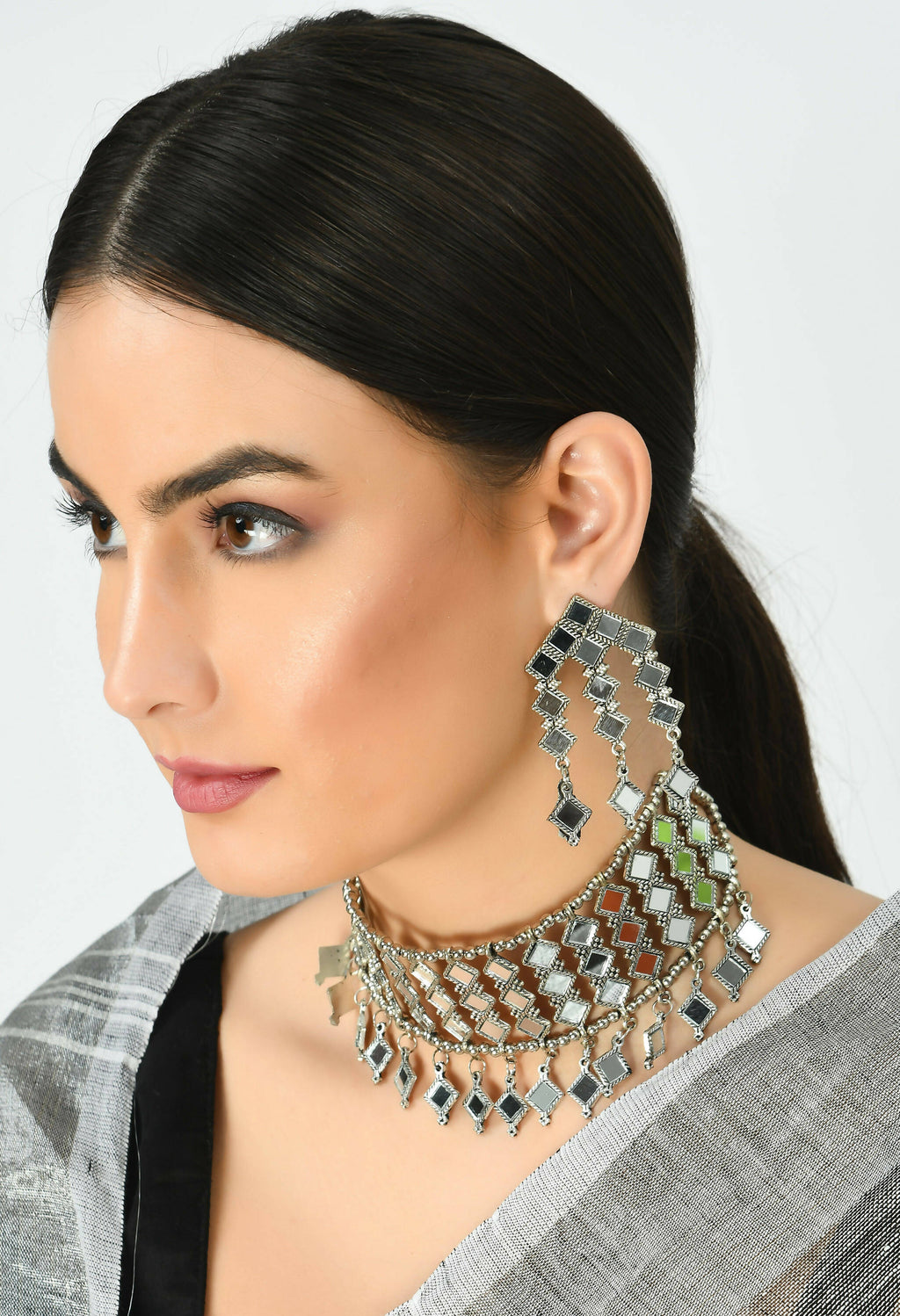 Oxidised Silver-Plated Alloy Mirror Choker Necklace