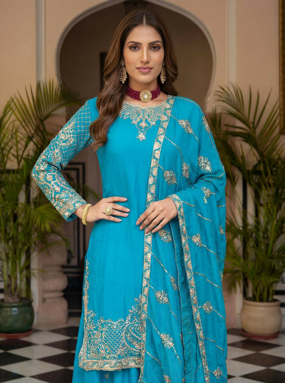 Sky Silk Embroidered Sharara Set - Elegant Occasion Wear