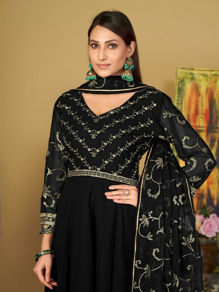 Women's Black Georgette Embroidered Anarkali Kurta Pant Set