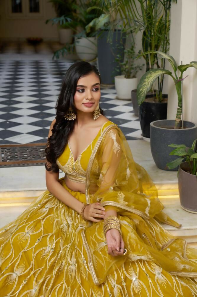 Mustard Yellow Butterfly Net Lehenga with Cotton Thread Embroidery