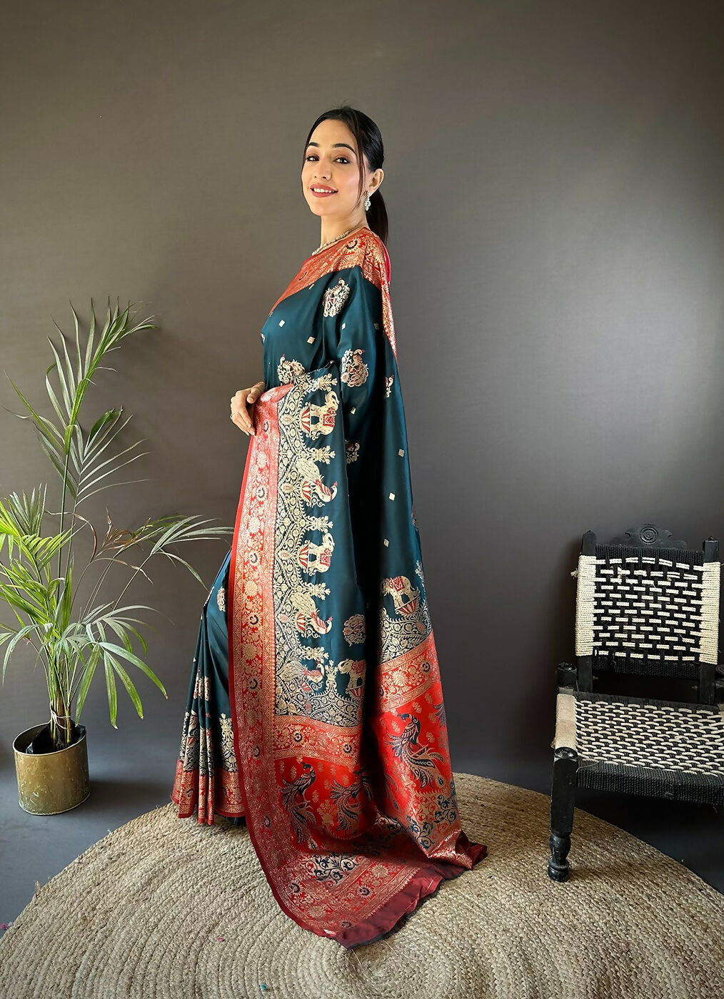 Red Meenakari Peacock Paithani Saree with Unstitched Blouse